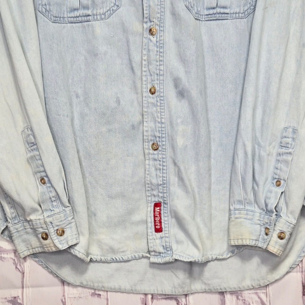 Vintage Marlboro Country Denim Shirt Light Wash Western Workwear Mens Large L - Picture 3 of 13